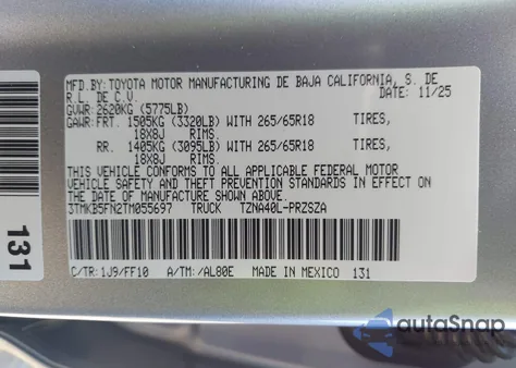 2026 Toyota Tacoma Sr5 from USA, damaged, VIN 3TMKB5FN2TM055697